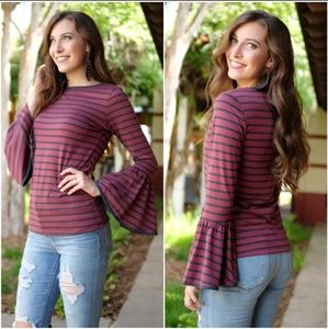 ❤Burgundy & Gray Striped Bell Sleeve Top